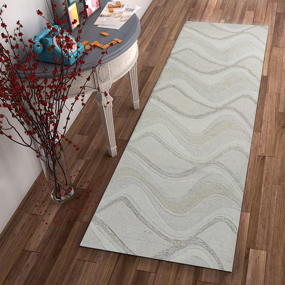 2' x 7' Ivory Abstract Waves Wool Runner Rug - 352302. Picture 4