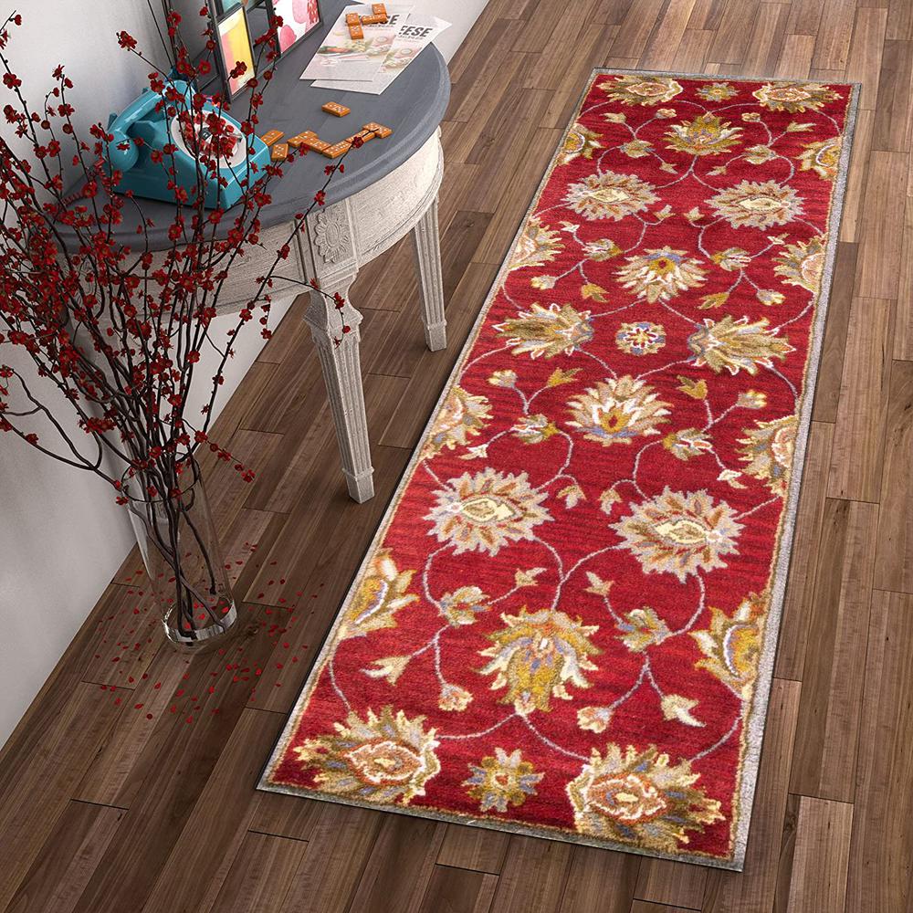 2' x 7' Red Floral Vines Bordered Wool Runner Rug - 352311. Picture 4