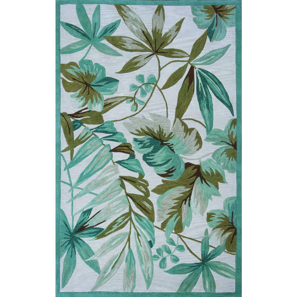 3'x5' Ivory Teal Hand Tufted Tropical Leaves Round Indoor Area Rug - 352400. Picture 1