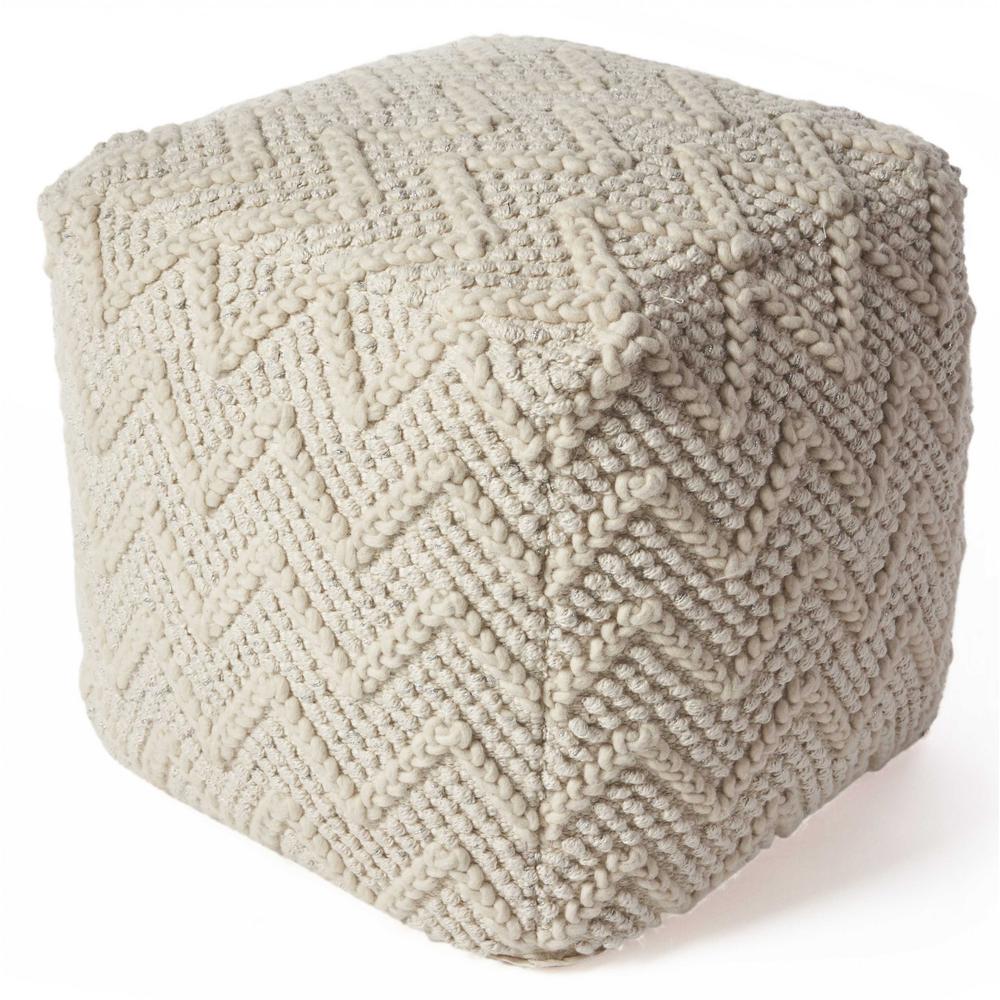 Ivory Hand Woven Wool Square Pouf With Chevron Pattern - 352441. Picture 1