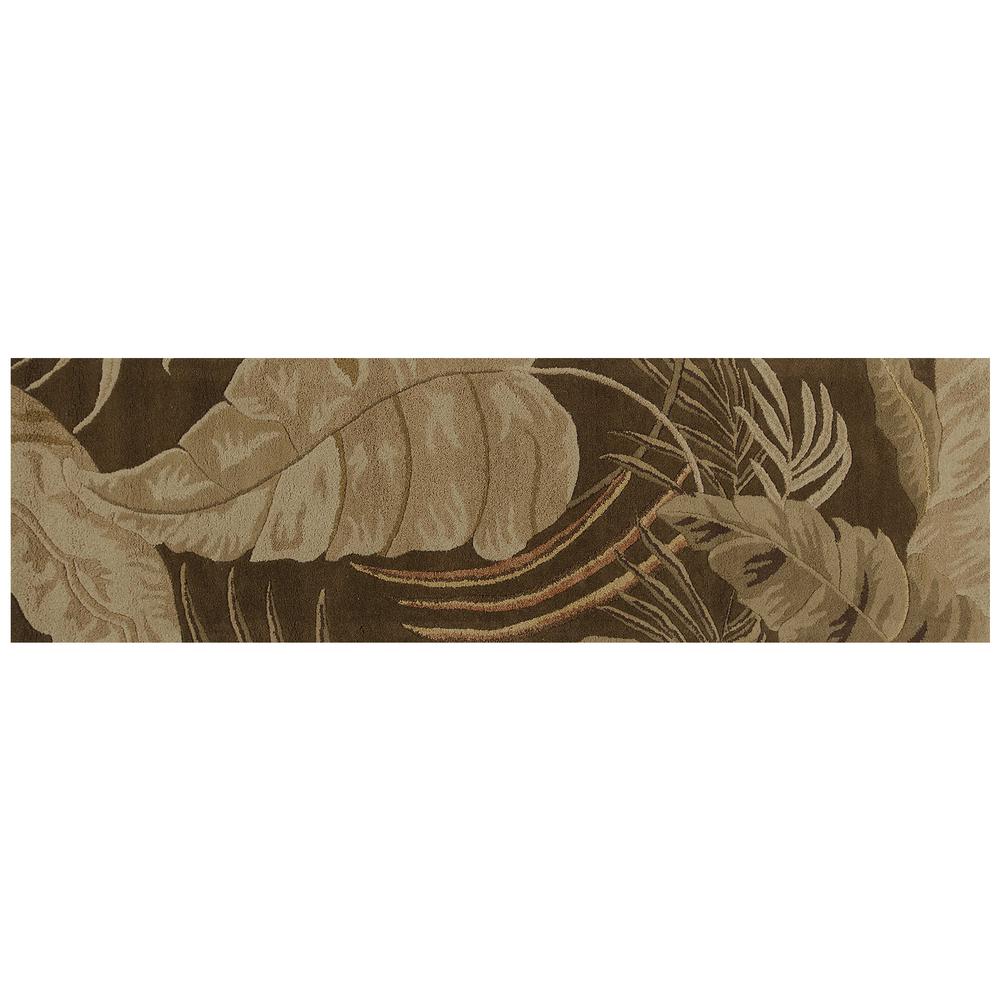 8' Mocha Brown Hand Tufted Tropical Leaves Indoor Runner Rug - 352477. Picture 2
