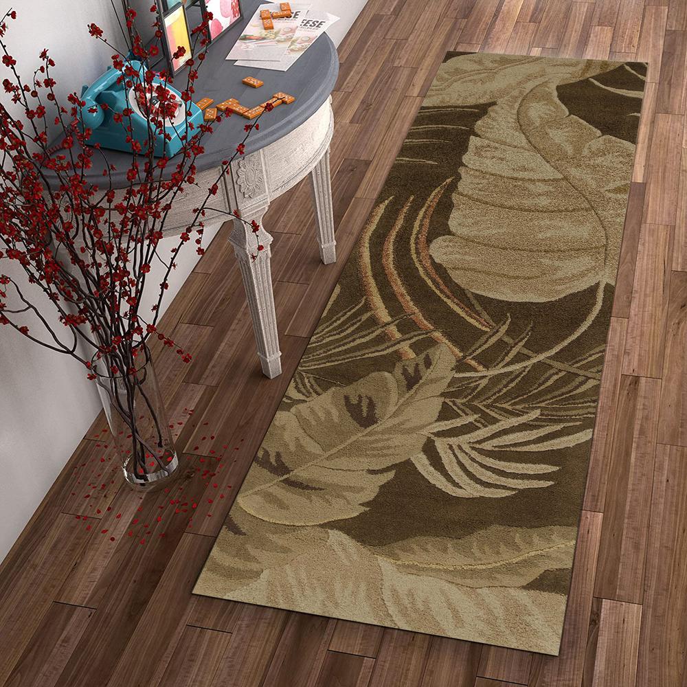 8' Mocha Brown Hand Tufted Tropical Leaves Indoor Runner Rug - 352477. Picture 4