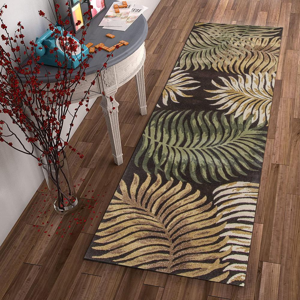 8' Espresso Brown Hand Tufted Tropical Leaves Indoor Runner Rug - 352479. Picture 4
