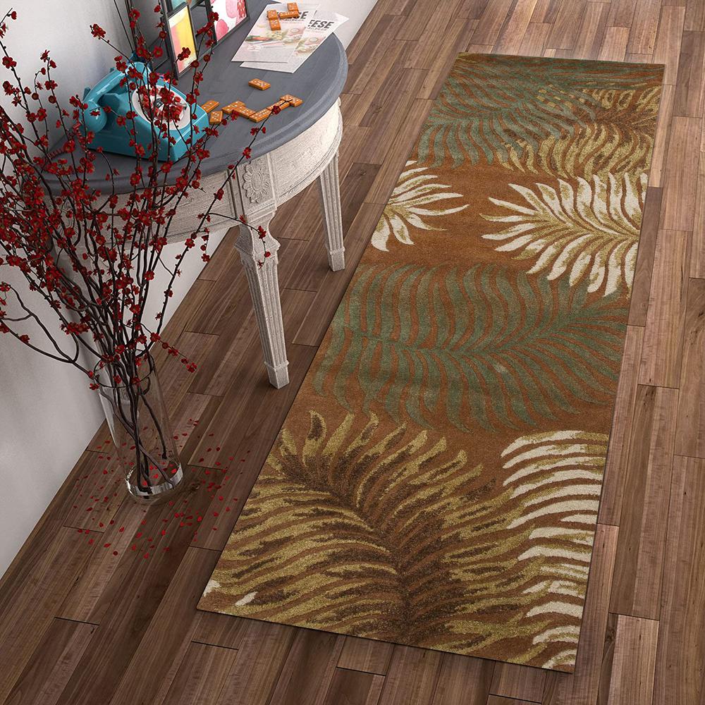 8' Rust Orange Hand Tufted Tropical Leaves Indoor Runner Rug - 352481. Picture 4