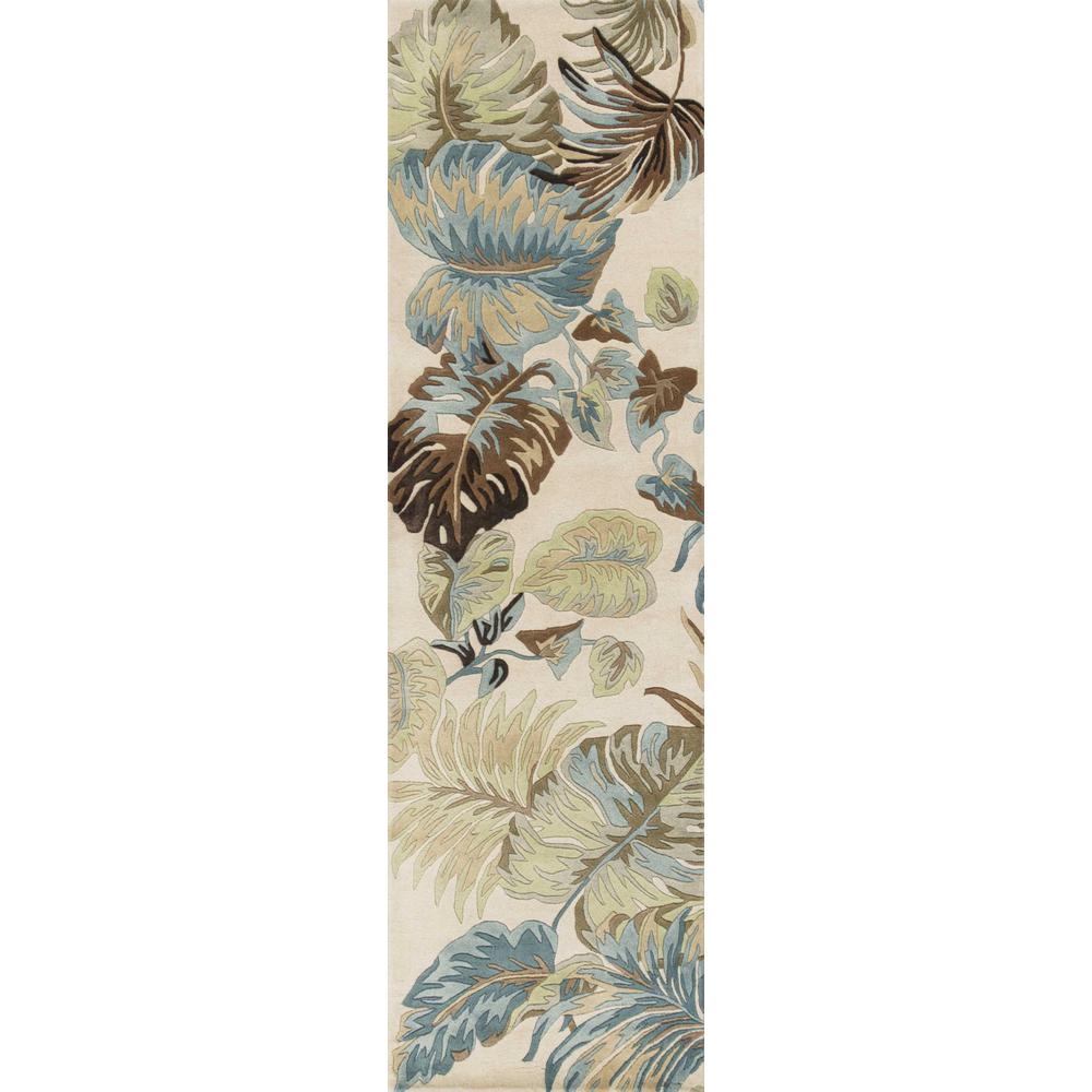 8' Ivory Blue Hand Tufted Tropical Leaves Indoor Runner Rug - 352483. The main picture.