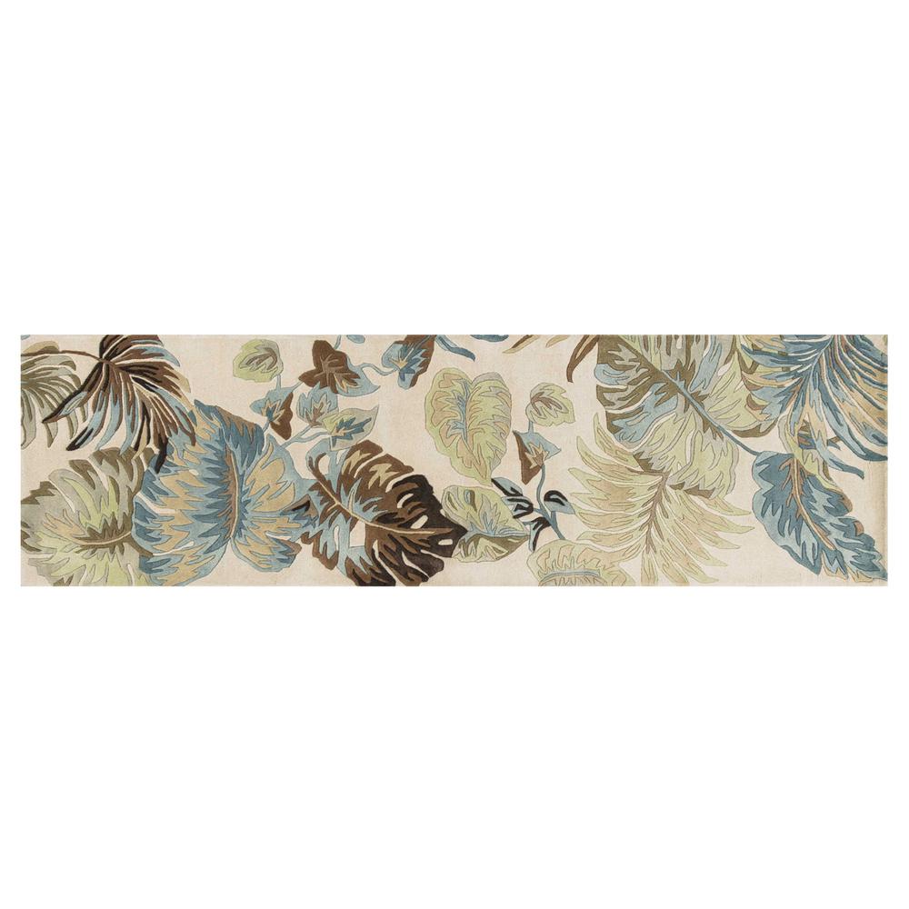 8' Ivory Blue Hand Tufted Tropical Leaves Indoor Runner Rug - 352483. Picture 2