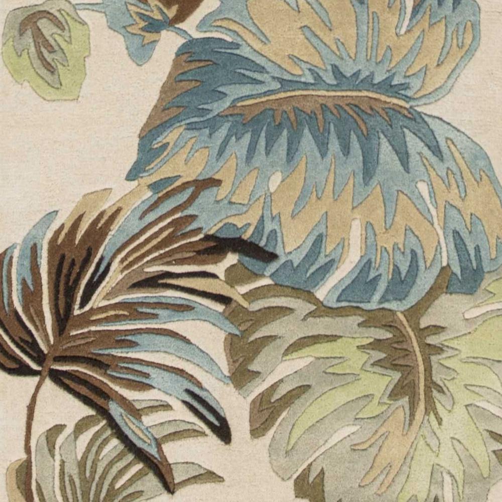 8' Ivory Blue Hand Tufted Tropical Leaves Indoor Runner Rug - 352483. Picture 3