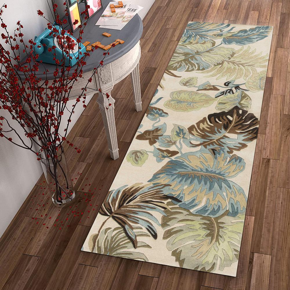 8' Ivory Blue Hand Tufted Tropical Leaves Indoor Runner Rug - 352483. Picture 4