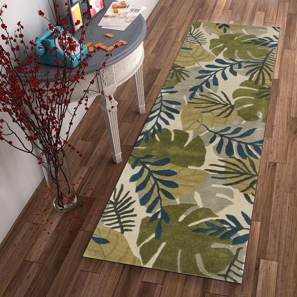 8' Ivory Hand Tufted Oversized Tropical Leaves Indoor Runner Rug - 352486. Picture 4