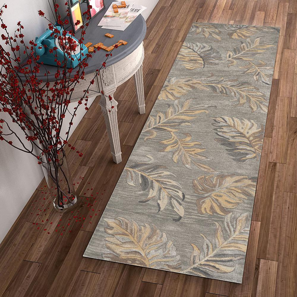 2' x 8' Grey Palm Leaves Wool Runner Rug - 352487. Picture 4