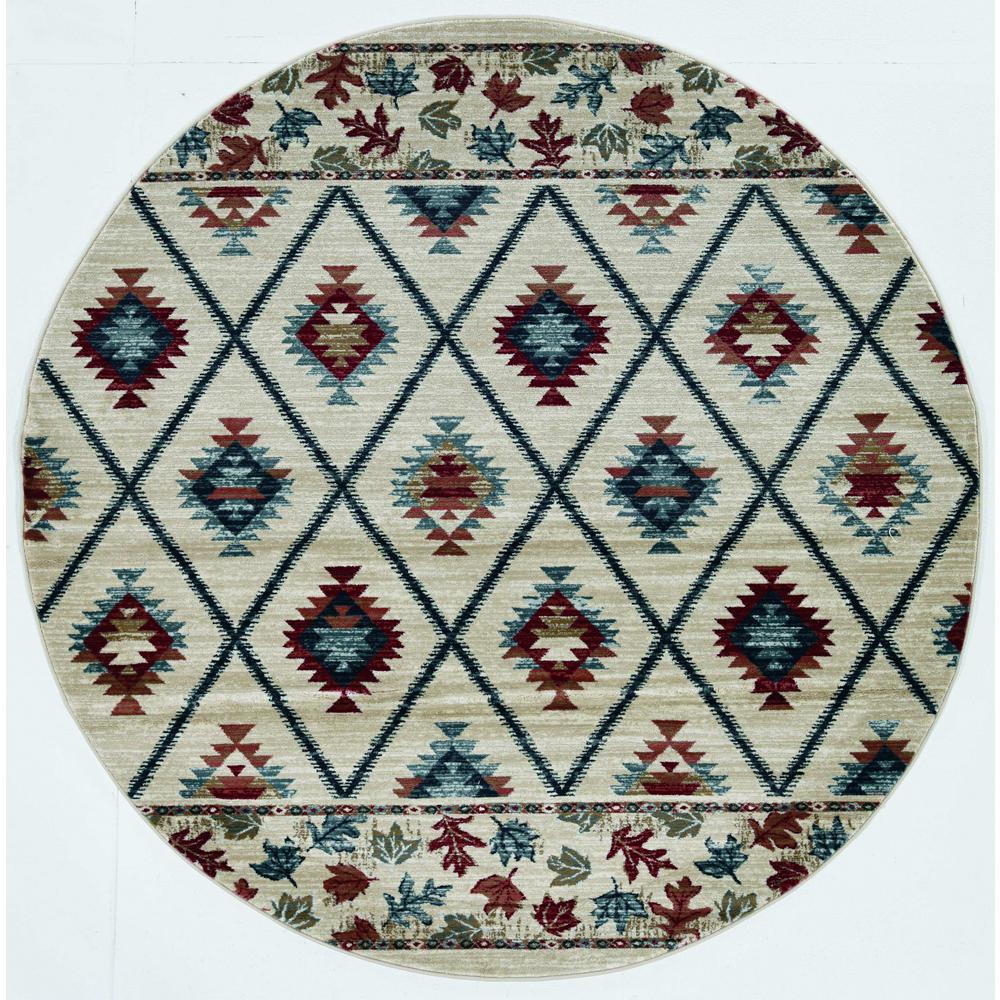 8' Ivory Machine Woven Geometric Lodge Round Indoor Area Rug - 352681. Picture 1