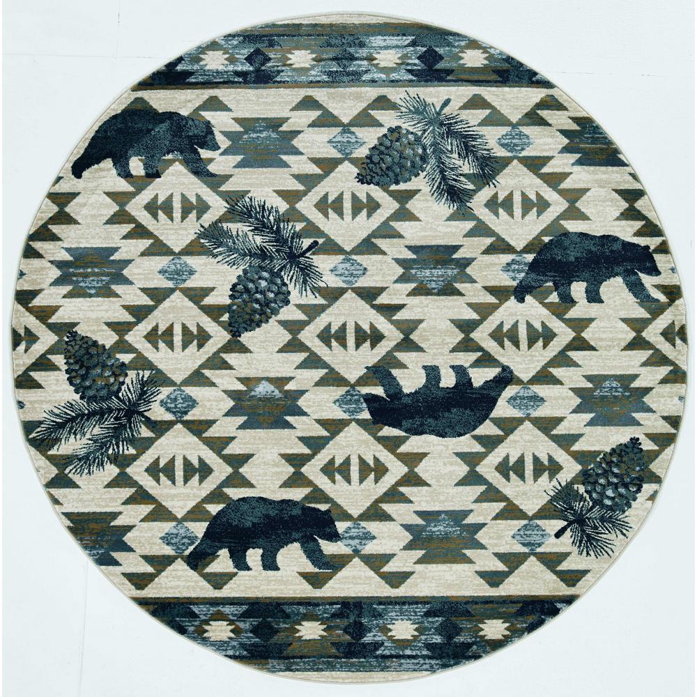 7' Round Ivory or Blue Geometric Lodge Pattern Indoor Area Rug - 352682. Picture 1