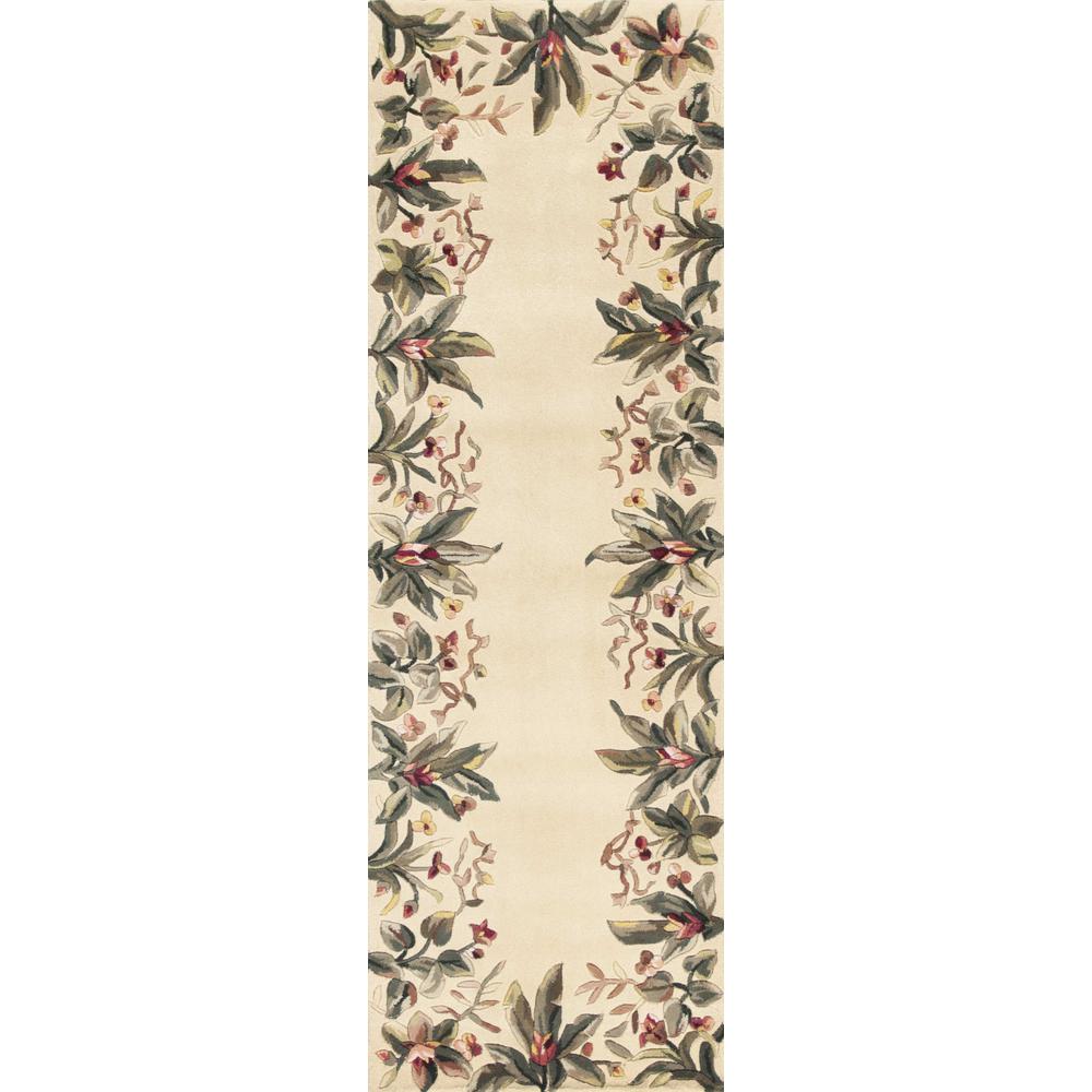 2' x 8' Ivory Tropical Leaves Bordered Wool Indoor Runner Rug - 352765. Picture 1