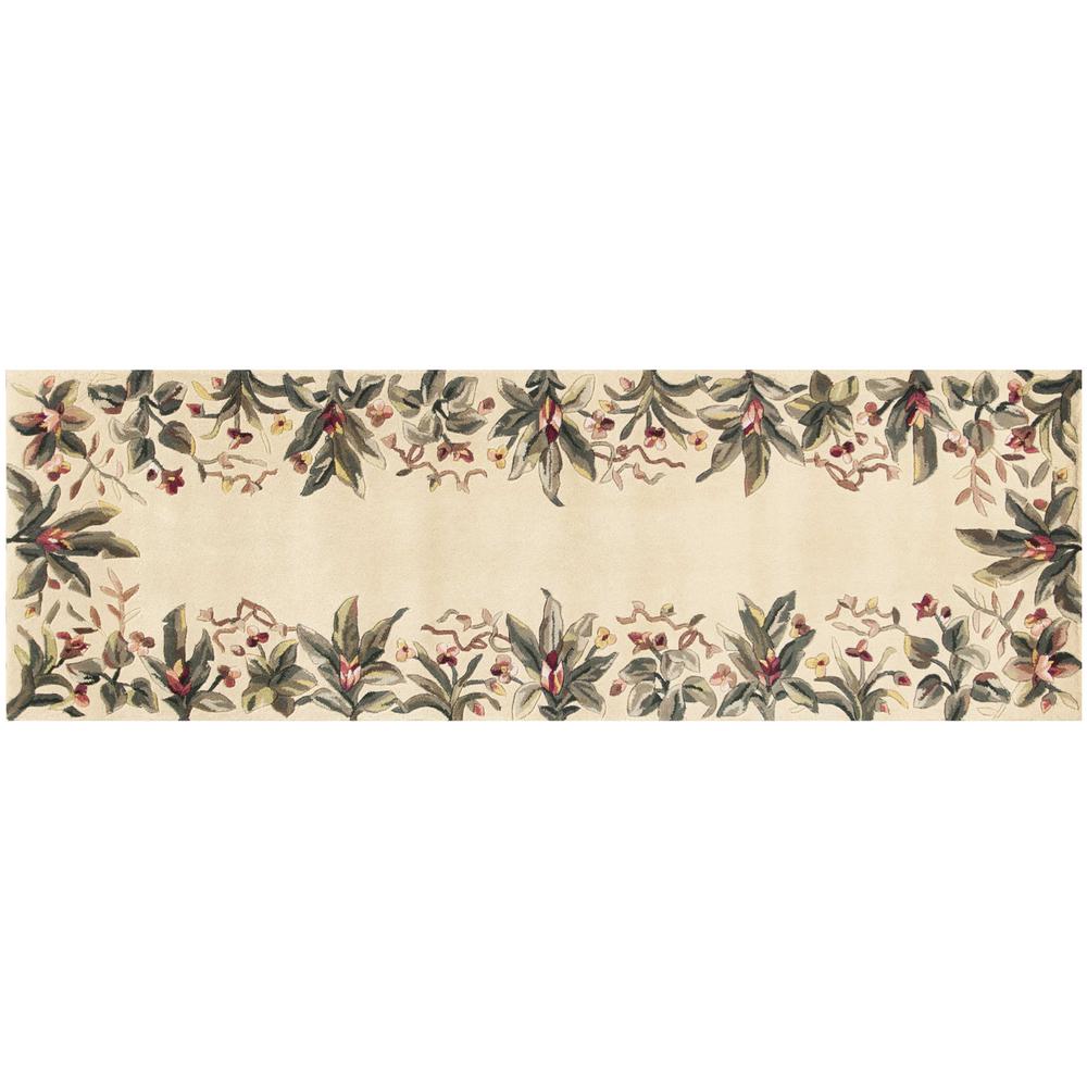 2' x 8' Ivory Tropical Leaves Bordered Wool Indoor Runner Rug - 352765. Picture 2