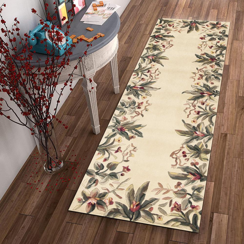 2' x 8' Ivory Tropical Leaves Bordered Wool Indoor Runner Rug - 352765. Picture 4