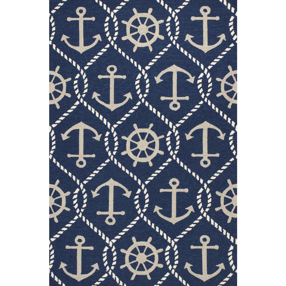 5'x8' Navy Blue Hand Hooked UV Treated Nautical Indoor Outdoor Area Rug - 352776. Picture 1