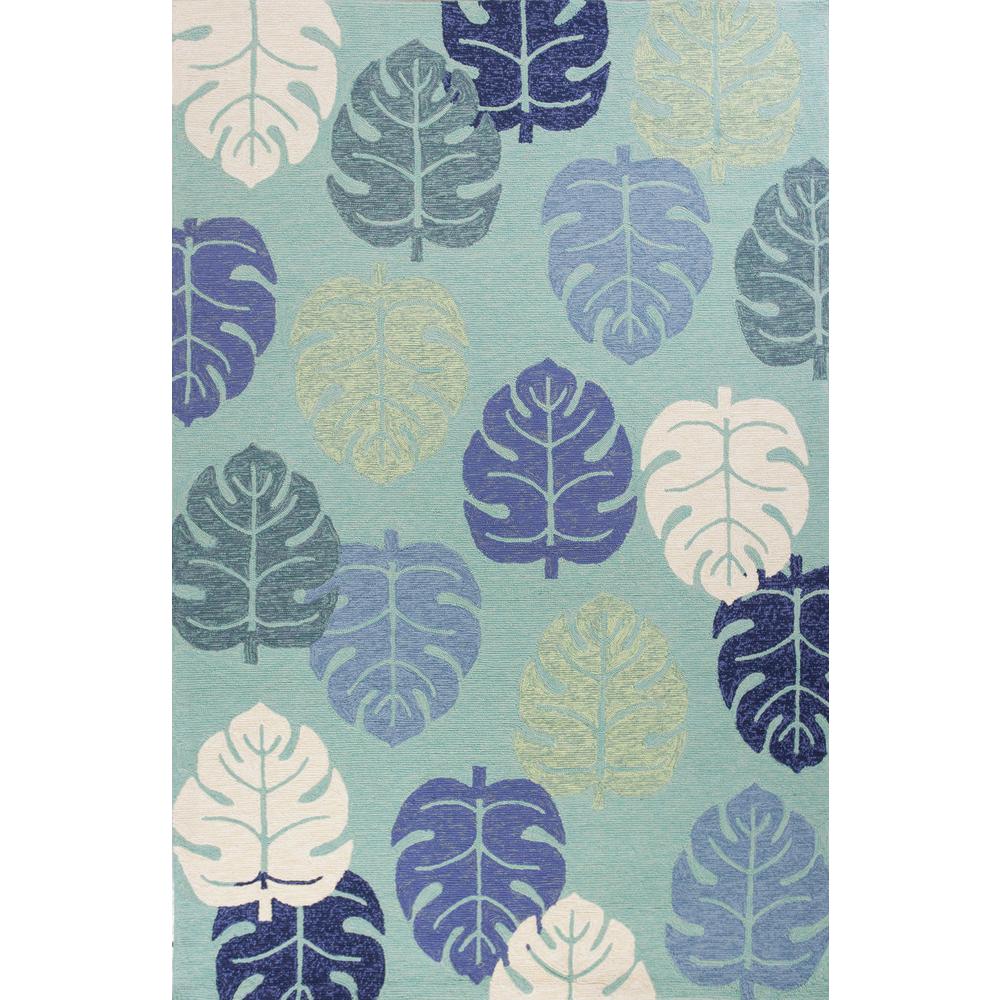 5'x8' Turquoise Blue Hand Hooked UV Treated Tropical Leaves Indoor Outdoor Area Rug - 352778. Picture 1