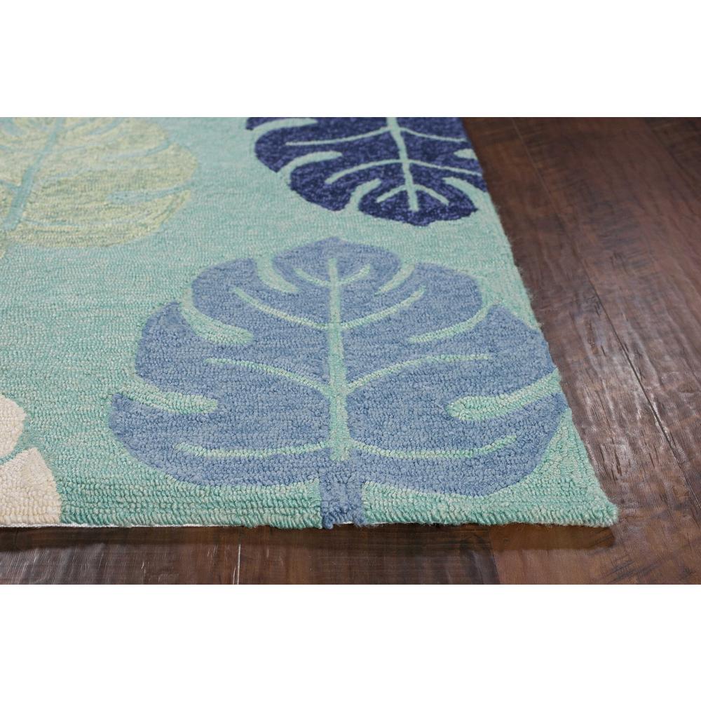 5'x8' Turquoise Blue Hand Hooked UV Treated Tropical Leaves Indoor Outdoor Area Rug - 352778. Picture 5