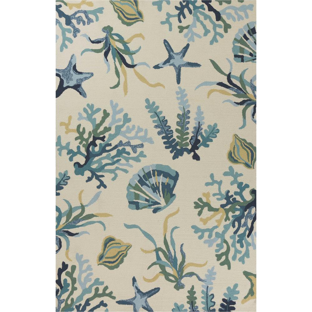 5'x8' Ivory Blue Hand Hooked UV Treated Coastal Reef Indoor Outdoor Area Rug - 352785. Picture 1