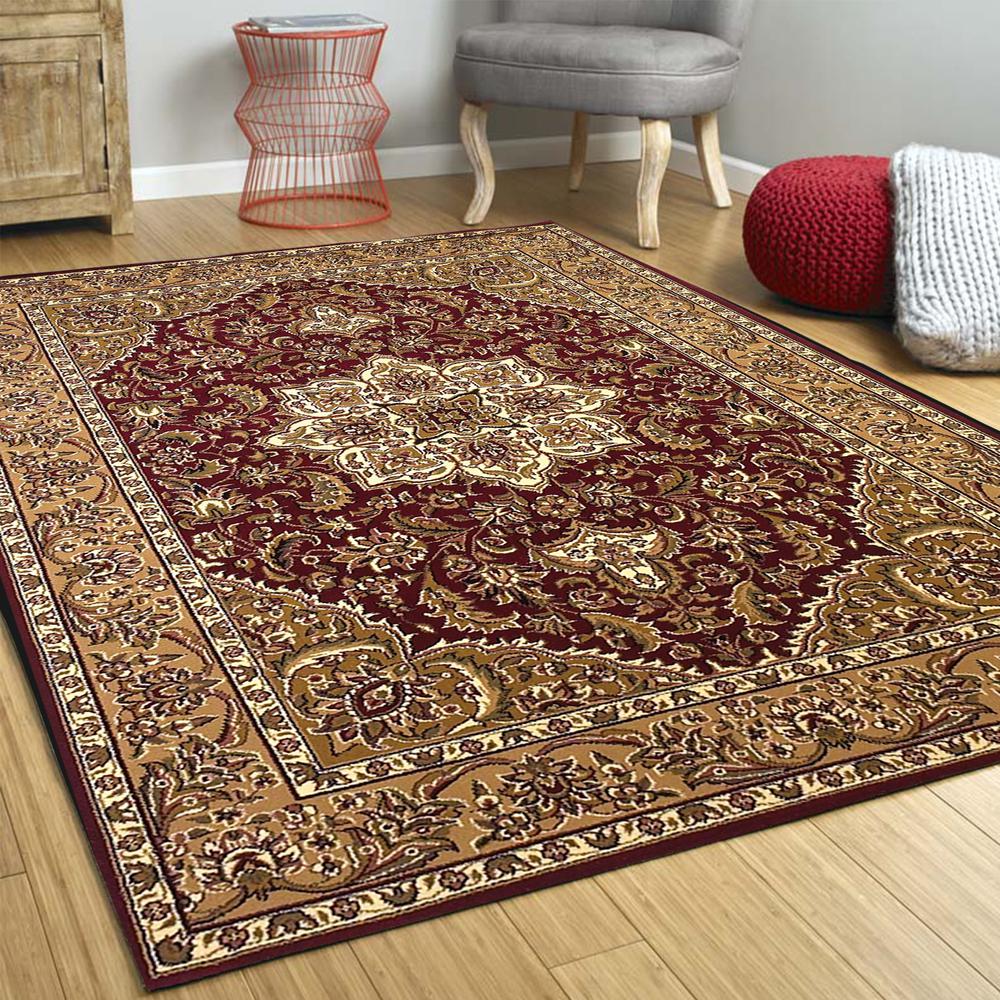 Red Beige Machine Woven Traditional Medallion Octagon Indoor Area Rug - 352871. Picture 3