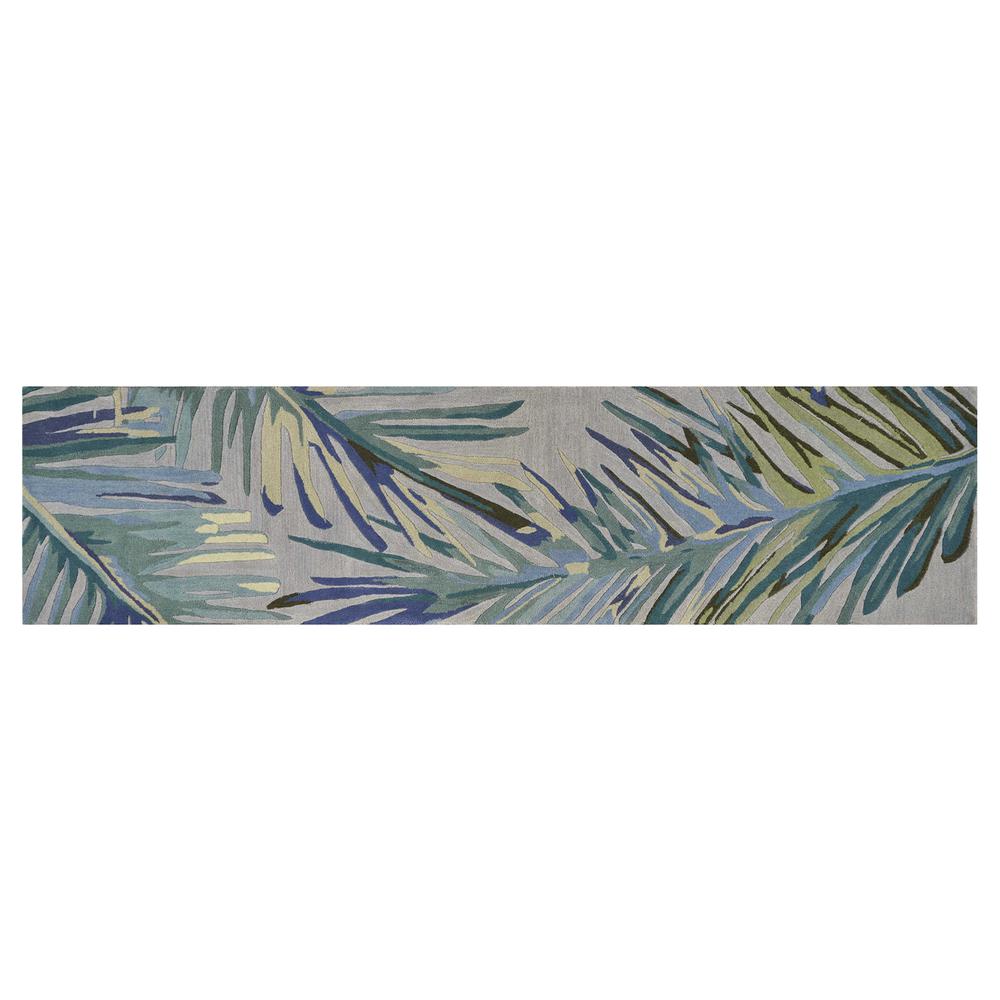 2' x 10' Grey or Blue Tropical Leaves Wool Indoor Runner Rug - 353016. Picture 2