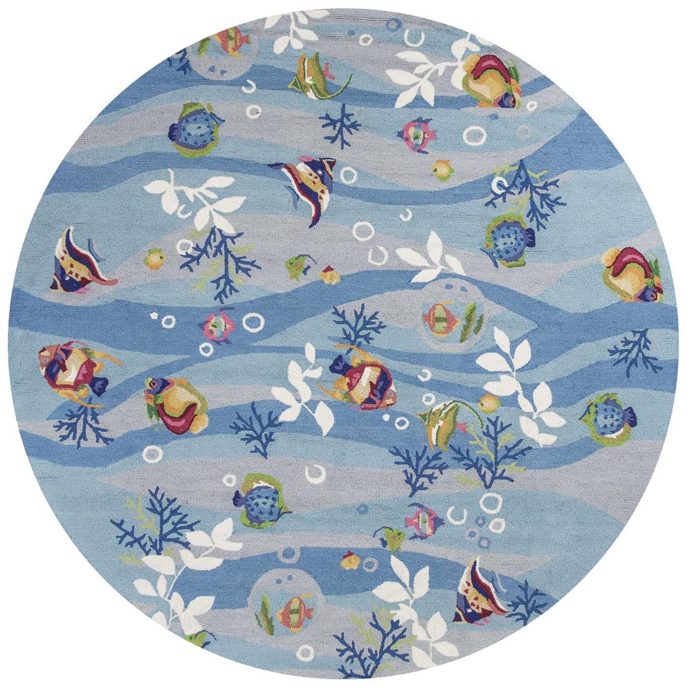 8' Blue Hand Hooked Marine Life Round Indoor Area Rug - 353070. Picture 1