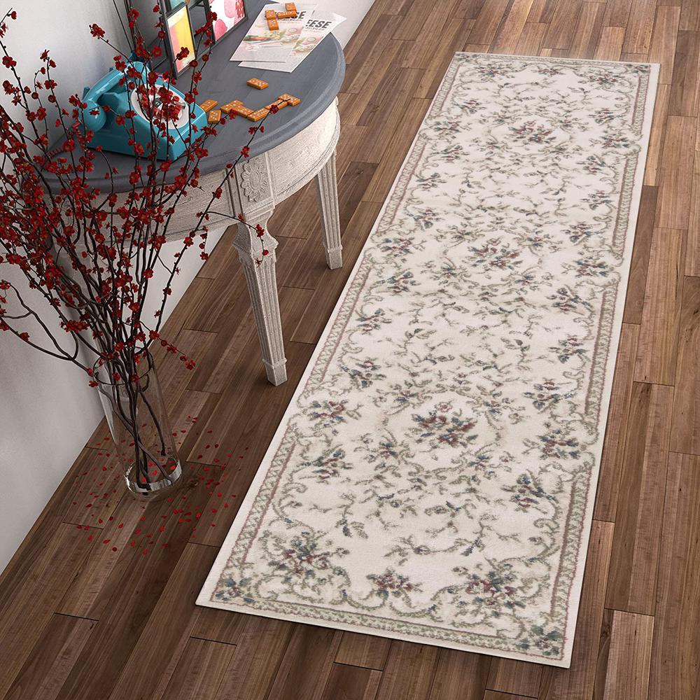 7' Ivory Bordered Floral Indoor Runner Rug - 353435. Picture 4