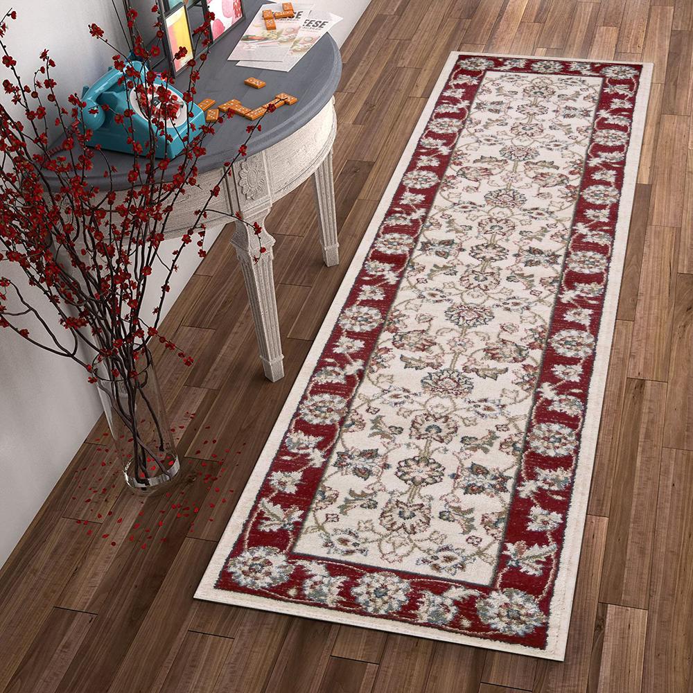 7' Ivory Red Bordered Floral Indoor Runner Rug - 353445. Picture 4