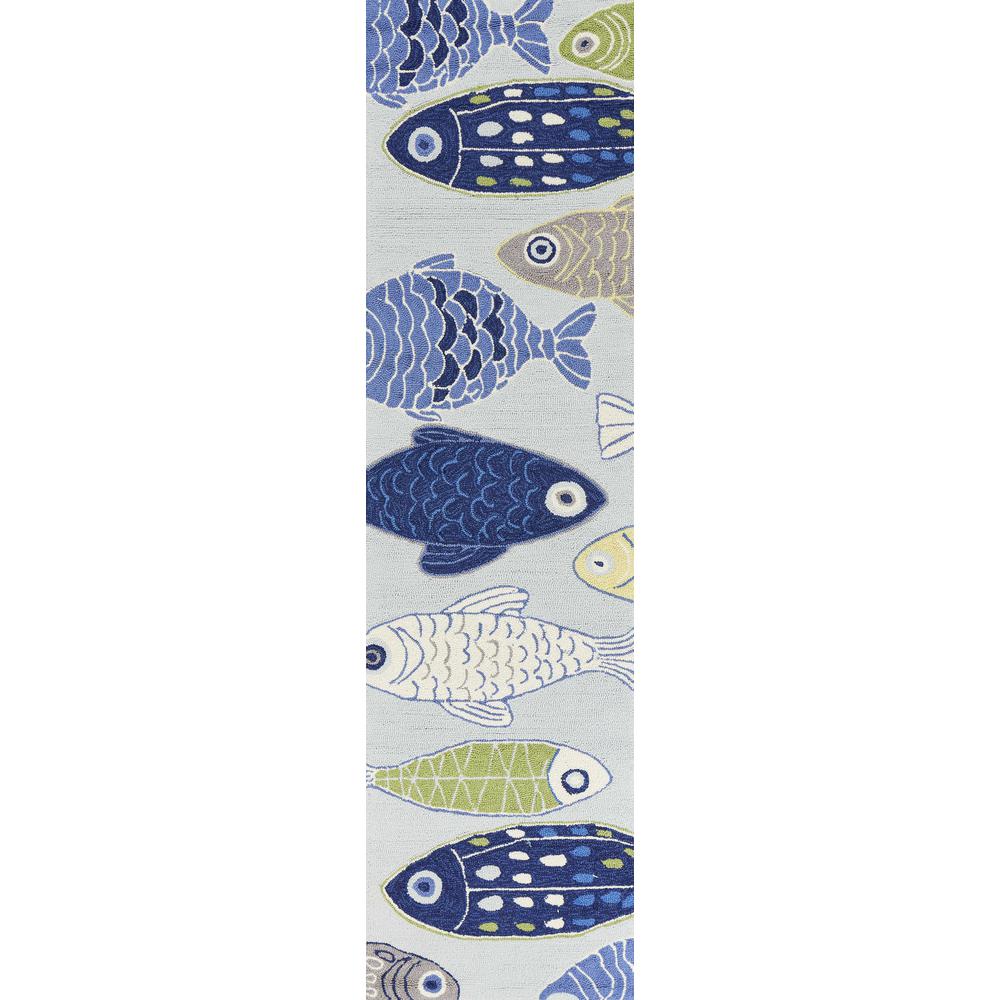 8' Light Blue Hand Hooked Oversized Sea Of Fish Indoor Runner Rug - 353707. Picture 1