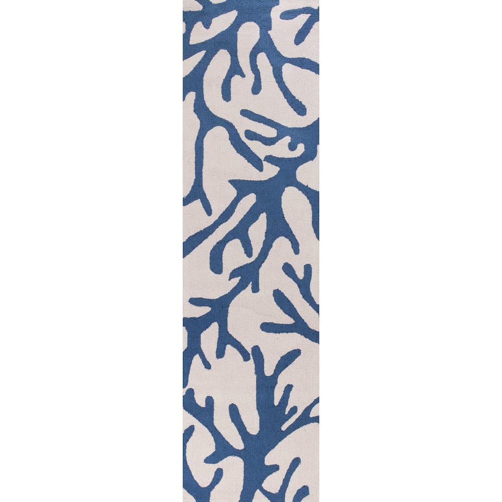 8' Ivory Blue Hand Hooked Oversized Coral Reef Indoor Runner Rug - 353714. Picture 1