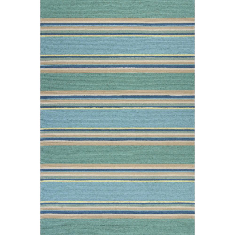3'x5' Ocean Blue Hand Hooked UV Treated Awning Stripes Indoor Outdoor Area Rug - 353842. Picture 1