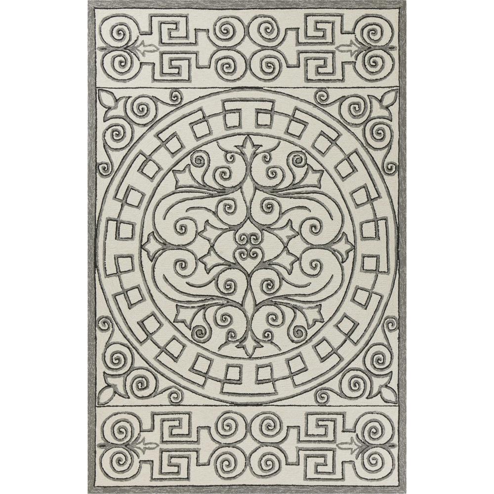 3'x5' Ivory Grey Hand Hooked UV Treated Greek Key Medallion Indoor Outdoor Area Rug - 353849. Picture 1
