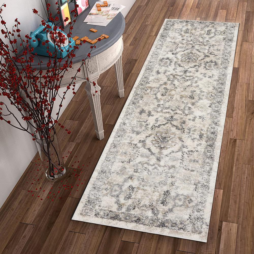 7' Ivory Machine Woven Distressed Floral Traditional Indoor Runner Rug - 353868. Picture 4