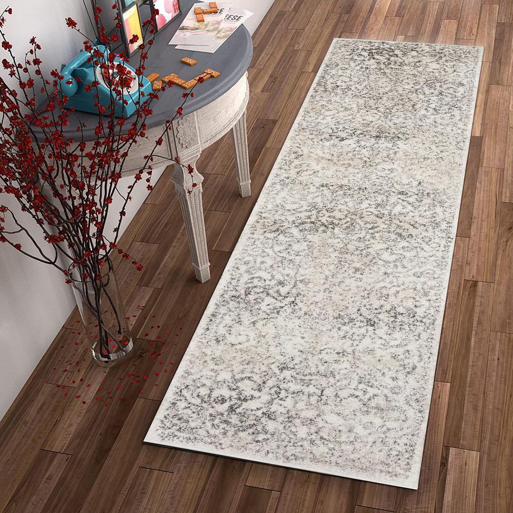 7' Ivory Machine Woven Distressed Floral Vines Indoor Runner Rug - 353872. Picture 4