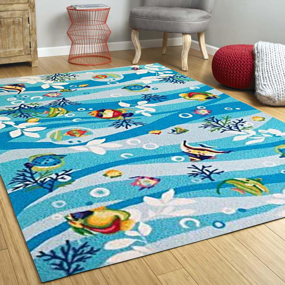 3'x5' Blue Hand Hooked Marine Life Indoor Area Rug - 353938. Picture 4