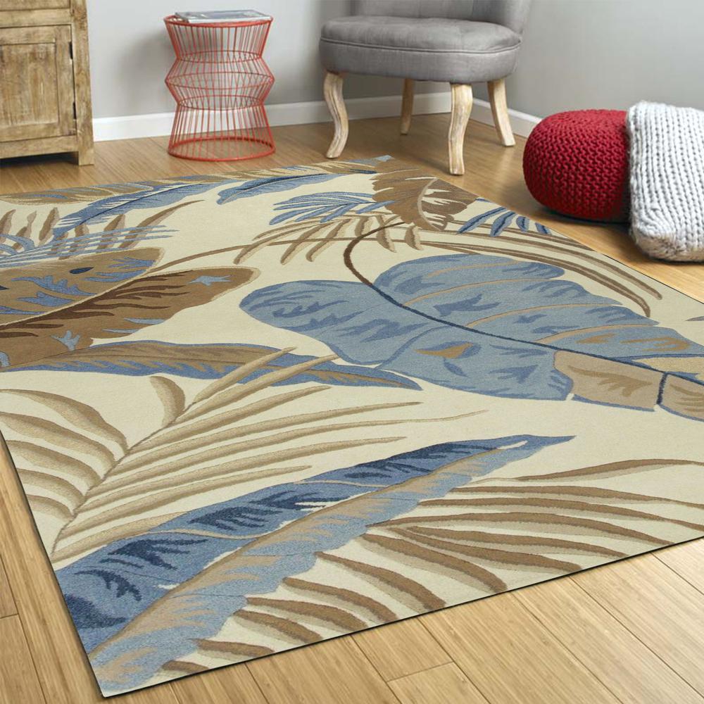 2' x 4' Ivory or Blue Leaves Wool Area Rug - 353971. Picture 4