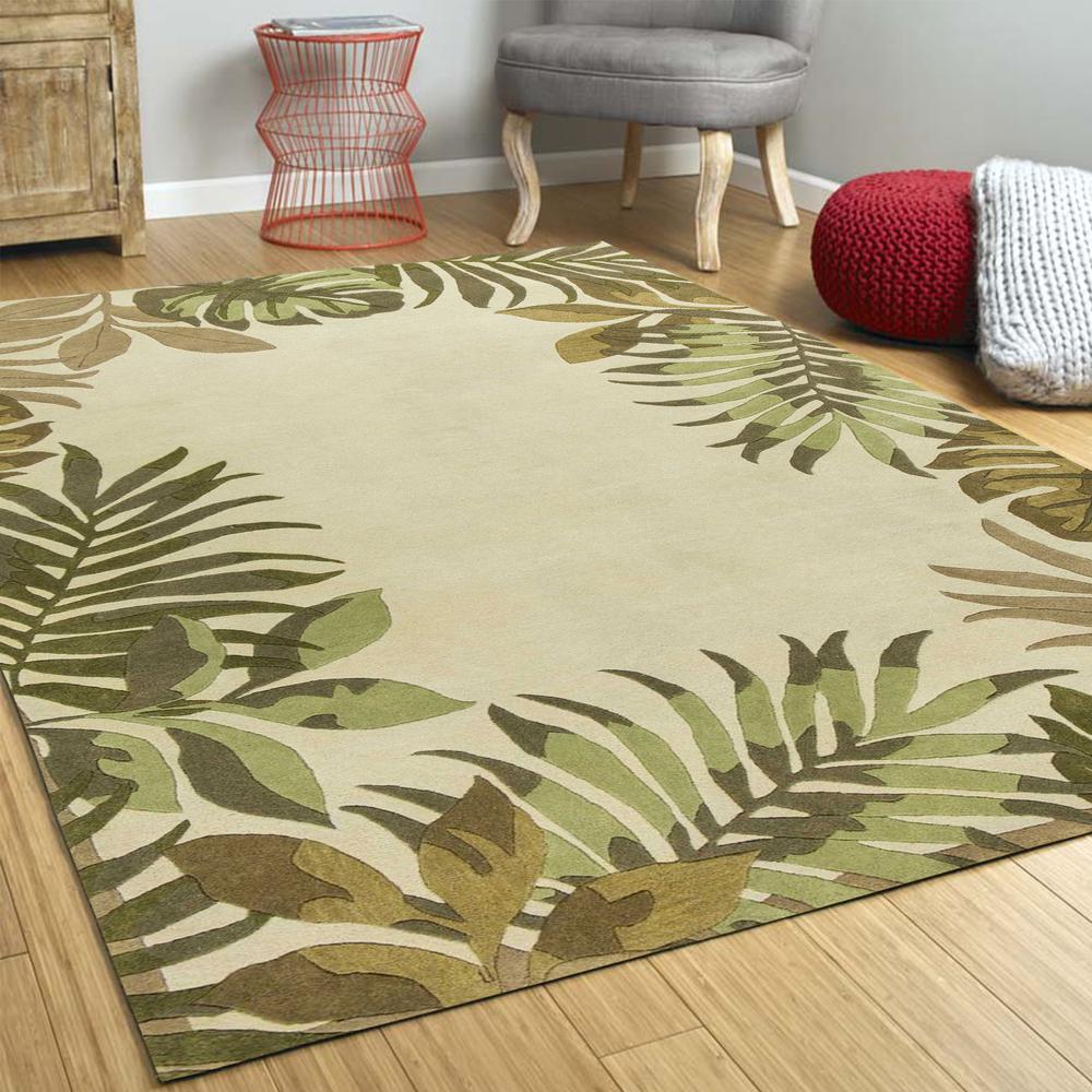 2' x 4' Ivory Leaves Bordered Wool Area Rug - 353974. Picture 4