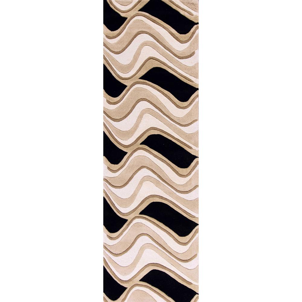 2' x 7' Black or Beige Abstract Waves Wool Runner Rug - 354091. Picture 1