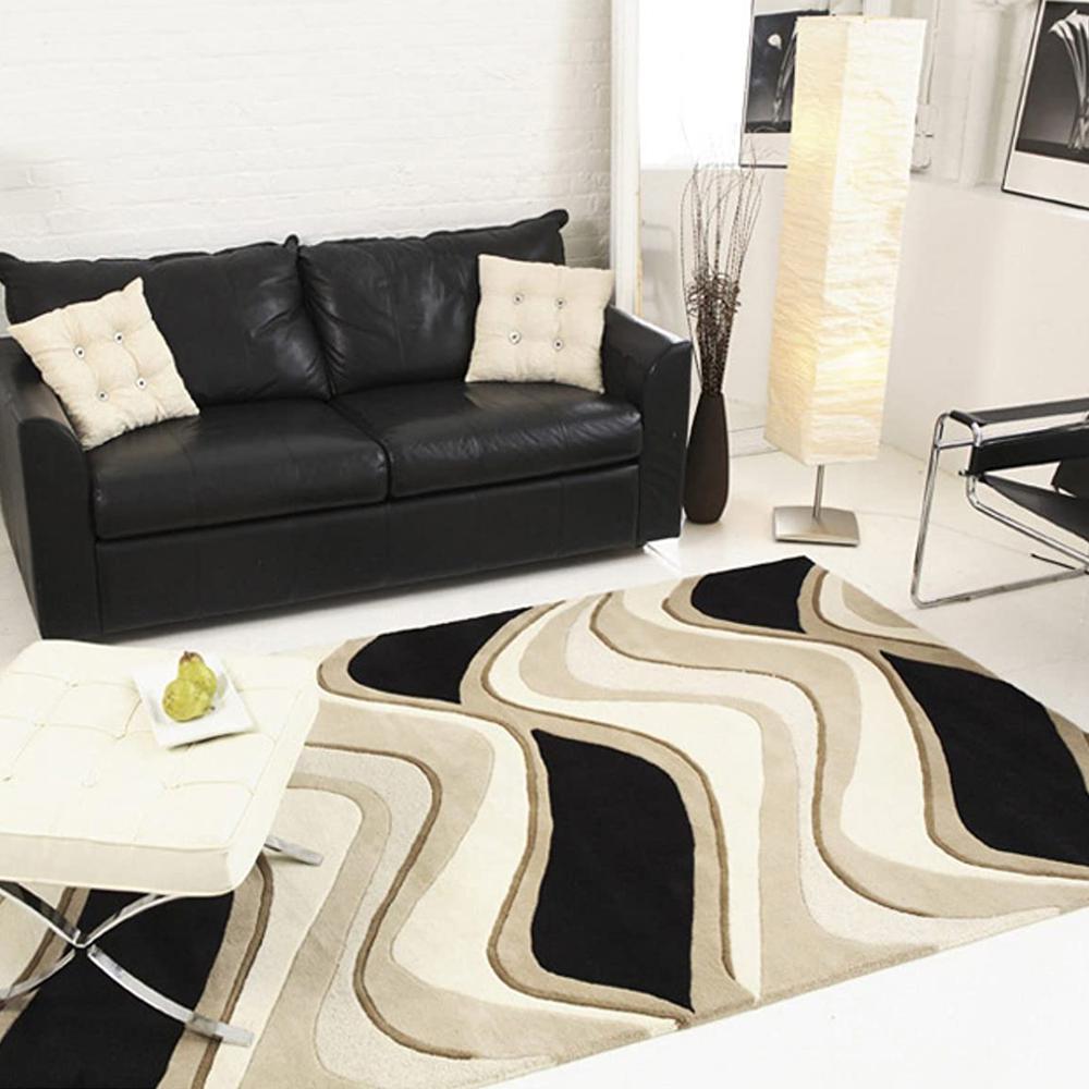 2' x 7' Black or Beige Abstract Waves Wool Runner Rug - 354091. Picture 3