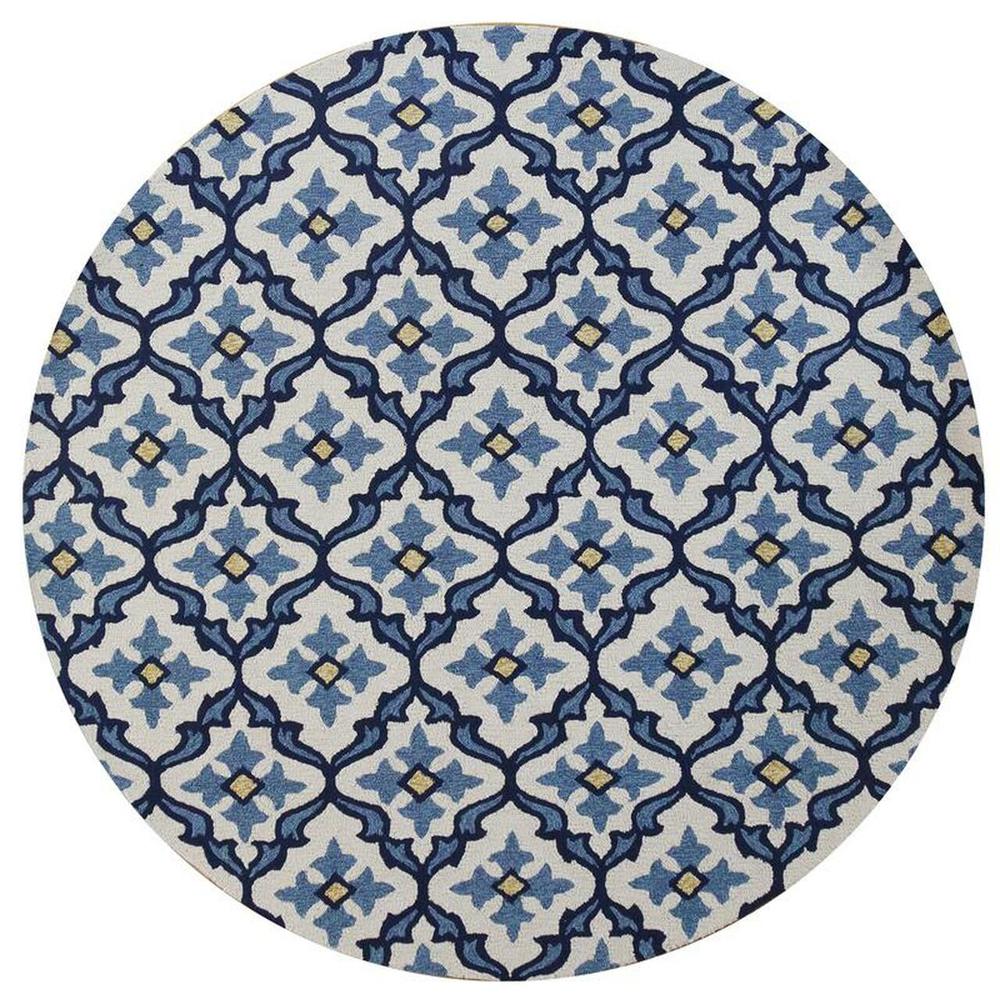 8'  Ivory Blue Hand Hooked UV Treated Coastal Reef Round Indoor Outdoor Area Rug - 354121. Picture 3