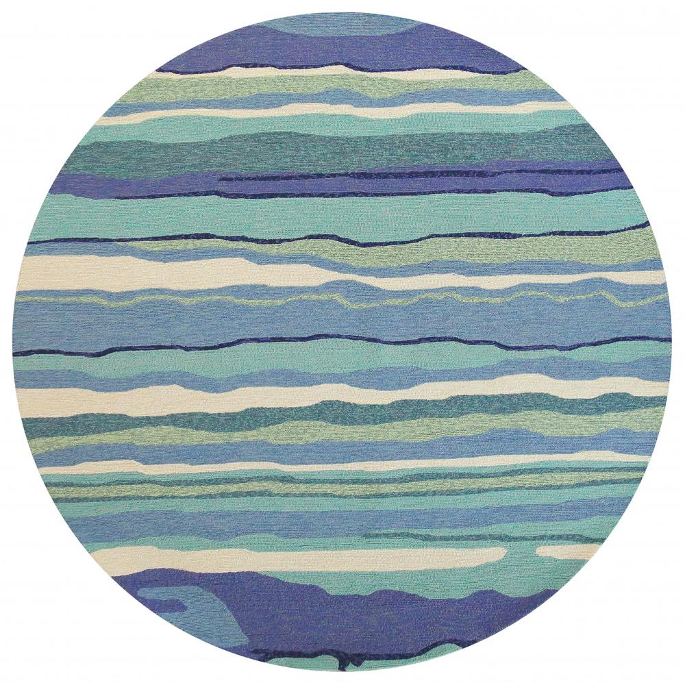 8' Ocean Blue Hand Hooked UV Treated Abstract Waves Round Indoor Outdoor Area Rug - 354123. Picture 1