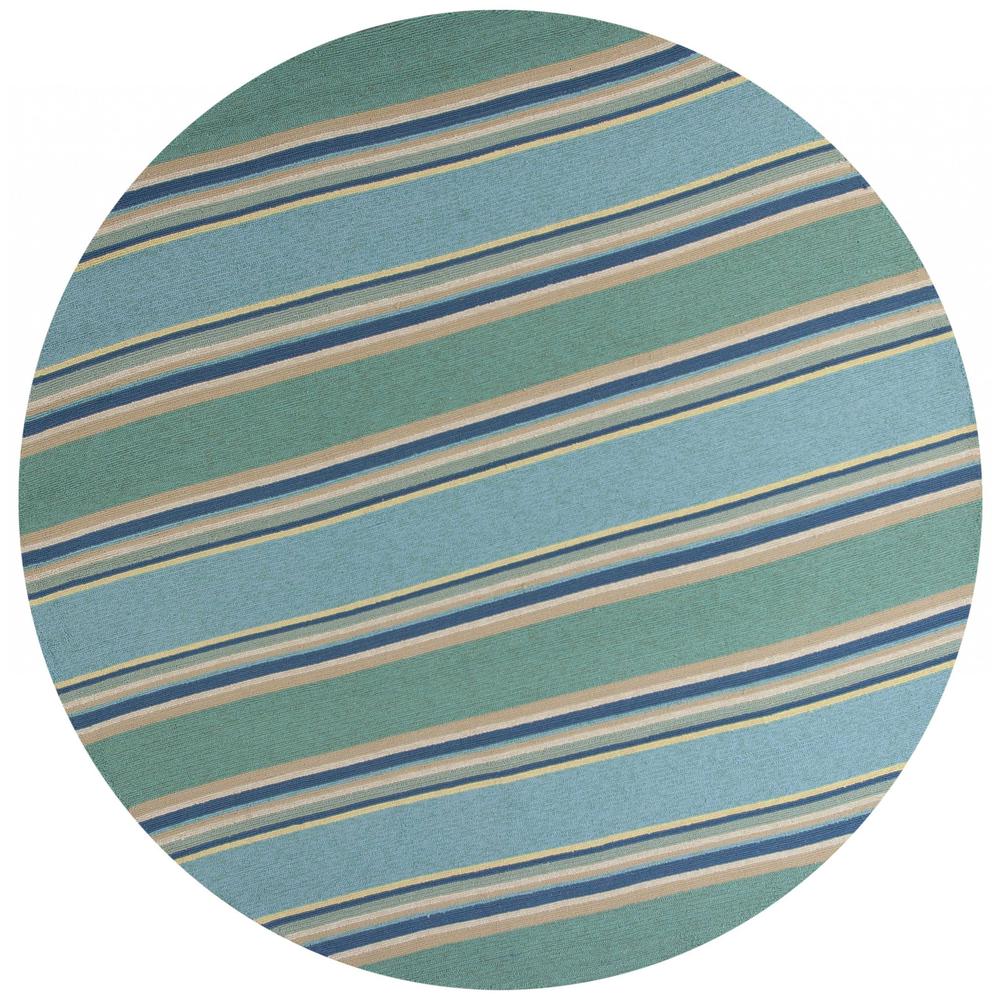 8' Ocean Blue Hand Hooked UV Treated Awning Stripes Round Indoor Outdoor Area Rug - 354129. Picture 1
