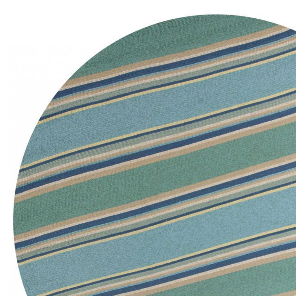 8' Ocean Blue Hand Hooked UV Treated Awning Stripes Round Indoor Outdoor Area Rug - 354129. Picture 2