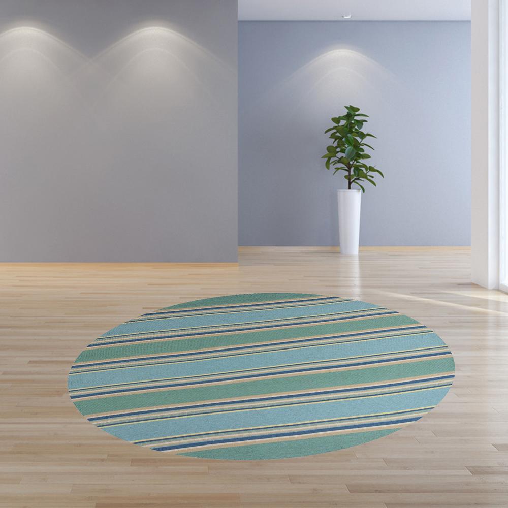 8' Ocean Blue Hand Hooked UV Treated Awning Stripes Round Indoor Outdoor Area Rug - 354129. Picture 4