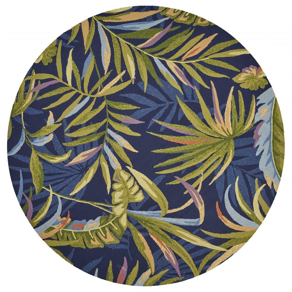 8' Ink Blue Hand Hooked UV Treated Oversized Tropical Leaves Round Indoor Outdoor Area Rug - 354134. Picture 1