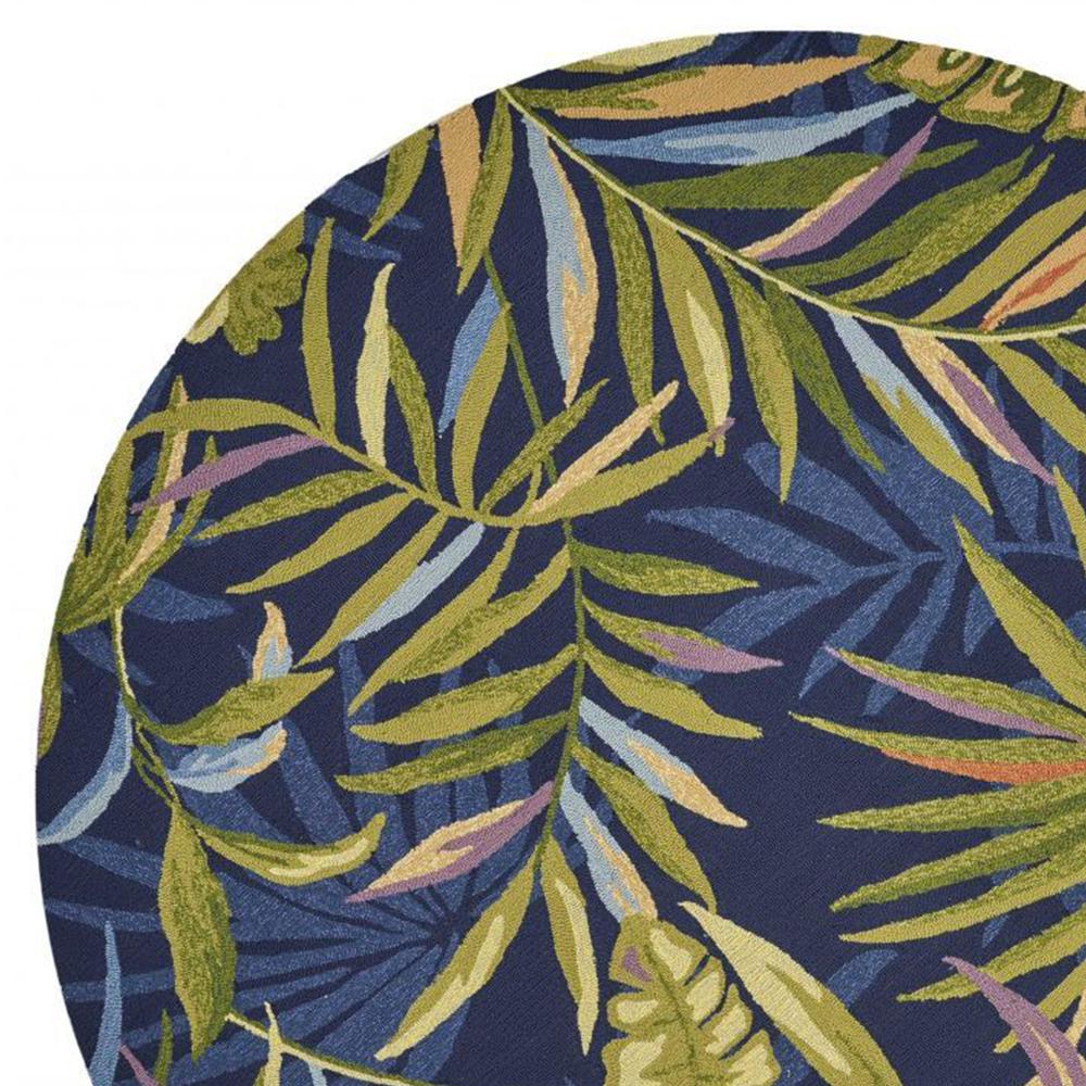 8' Ink Blue Hand Hooked UV Treated Oversized Tropical Leaves Round Indoor Outdoor Area Rug - 354134. Picture 2