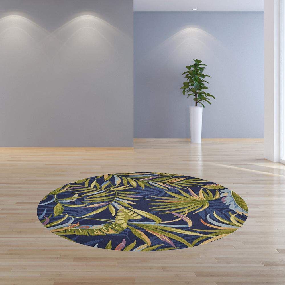 8' Ink Blue Hand Hooked UV Treated Oversized Tropical Leaves Round Indoor Outdoor Area Rug - 354134. Picture 4