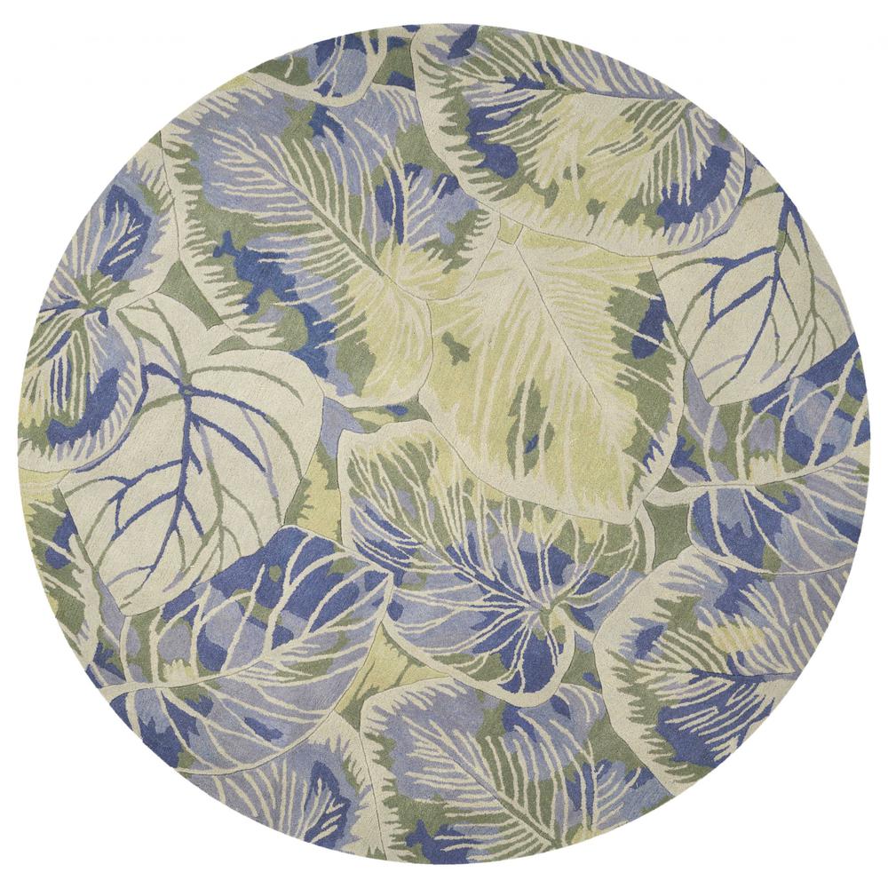 6' Blue Green Hand Tufted Tropical Leaves Round Indoor Area Rug - 354145. Picture 1