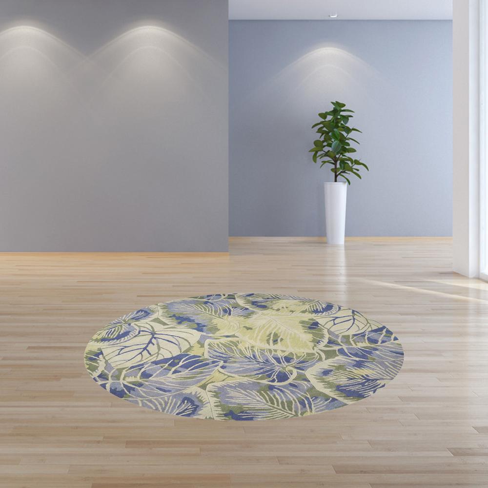6' Blue Green Hand Tufted Tropical Leaves Round Indoor Area Rug - 354145. Picture 4
