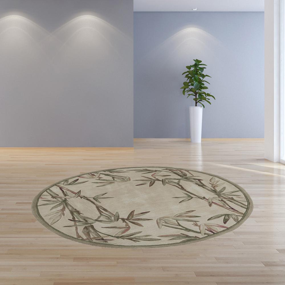 6' Ivory Hand Tufted Tropical Bamboo Round Indoor Area Rug - 354151. Picture 4